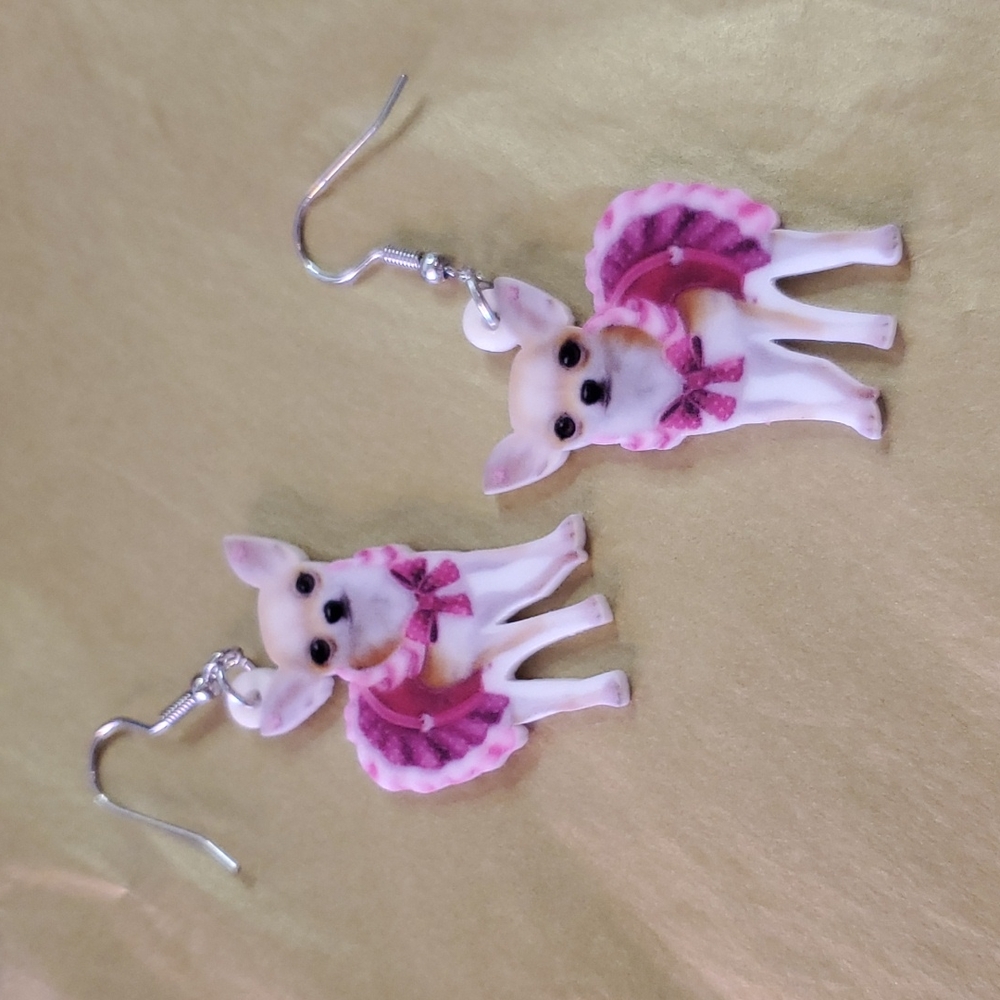 Pink Chihuahua Dog Earrings Cute Pets Dress Lightweight Princess Furbaby - Picture 2 of 2